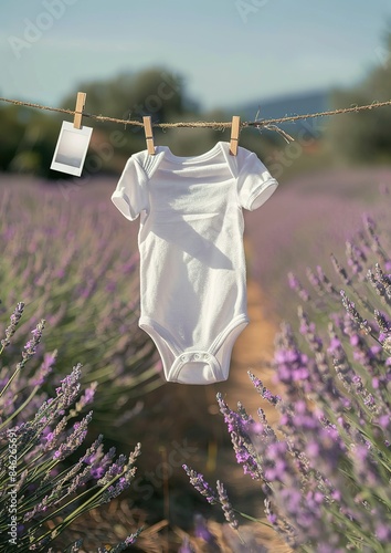 a white baby onesie is hung on a string with a wooden clip