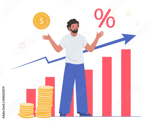 Man holding coin and percentage. Good interest rate percentage, mortgage or financial credit. Bank credit concept. 