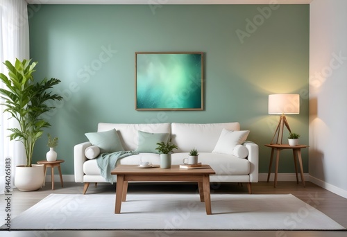 Interior living room with sofa and photo frame. 3D rendering