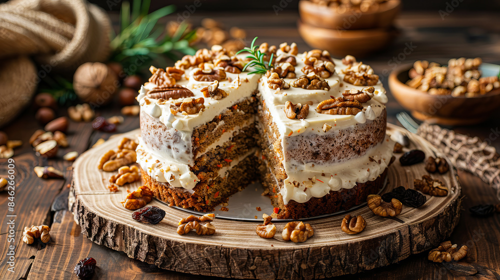 Carrot cake with walnuts on a wooden table. Carrot cake with walnuts on a wooden table.