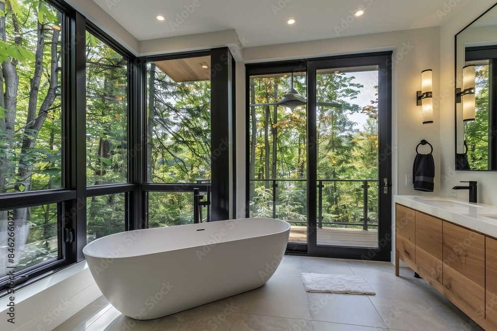 modern bathroom with black and white color scheme, large window on the left side of room with view to nature modern bathroom with black and white color scheme, large window on the left side of room with view to nature