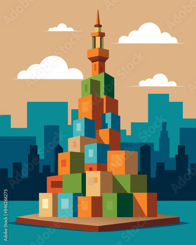 In a city square a towering sculpture made from stacked cardboard boxes sheds light on the issue of excess packaging and waste.. Vector illustration