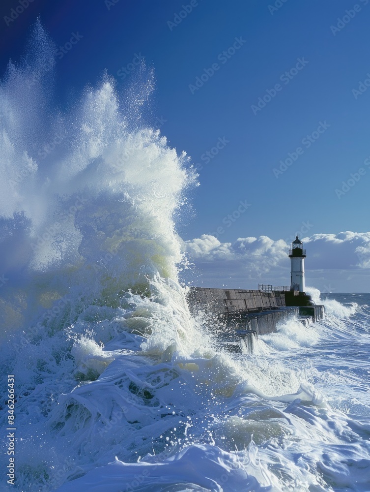 A large wave is crashing into a lighthouse A large wave is crashing into a lighthouse
