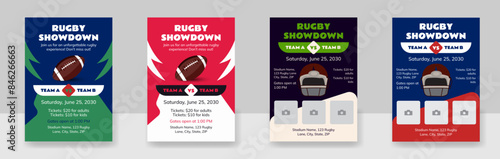 rugby championship cup flyer template, American football game, and camp posters