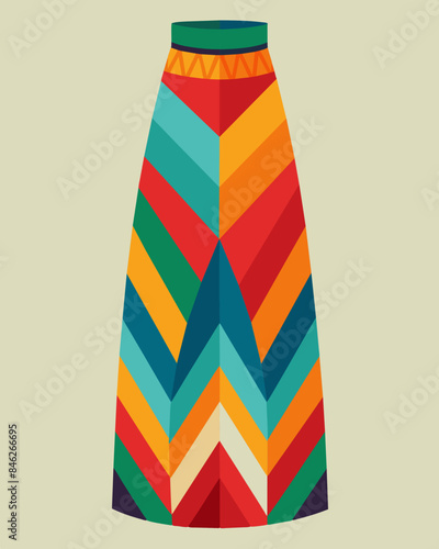 The vibrant geometric pattern on the maxi skirt was created using natural dyes highlighting the environmental benefits of choosing sustainable materials.. Vector illustration