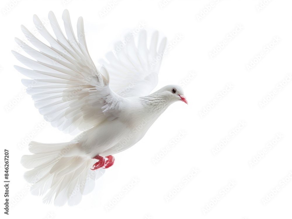 A white dove flies through the air with its wings spread wide A white dove flies through the air with its wings spread wide