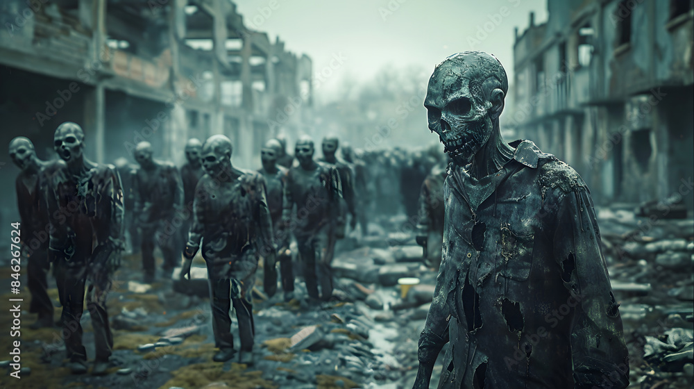 A Group of Zombies A Horror Portrait of the Undead Group in City A Group of Zombies A Horror Portrait of the Undead Group in City