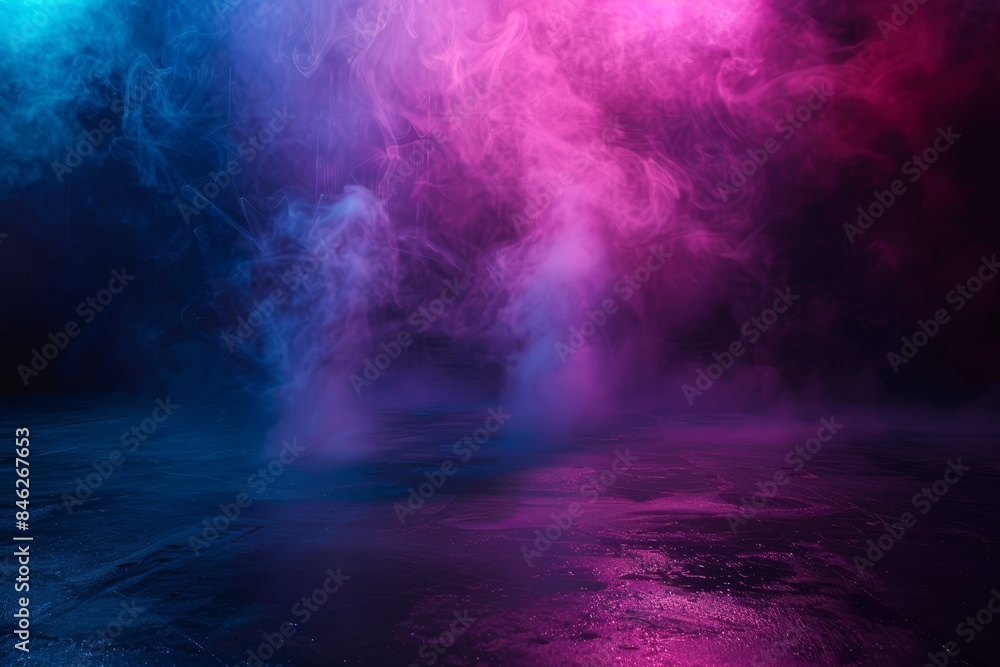 Dark empty scene with neon light and smoke, spotlight on the floor. Background for product presentation in dark room. Dark background. Dark empty scene with neon light and smoke, spotlight on the floor. Background for product presentation in dark room. Dark background.