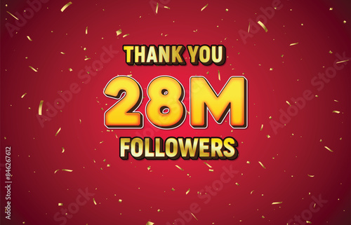 Golden 28M isolated on red background with golden confetti, Thank you followers peoples, 28M online social group, 29M  photo