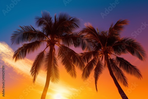 Neon 80s sunset palm trees framed by vibrant orange, yellow, purple, and blue hues