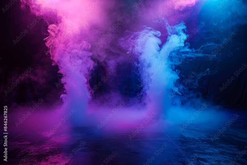 Dark empty scene with neon light and smoke, spotlight on the floor. Background for product presentation in dark room. Dark background. Dark empty scene with neon light and smoke, spotlight on the floor. Background for product presentation in dark room. Dark background.