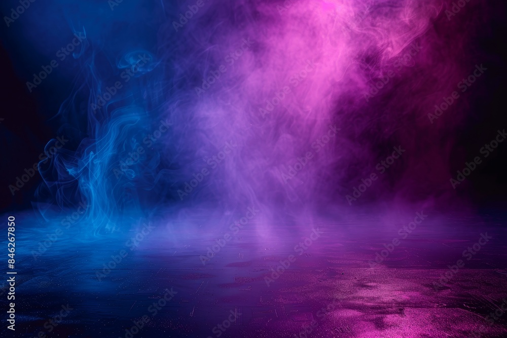 Dark empty scene with neon light and smoke, spotlight on the floor. Background for product presentation in dark room. Dark background. Dark empty scene with neon light and smoke, spotlight on the floor. Background for product presentation in dark room. Dark background.