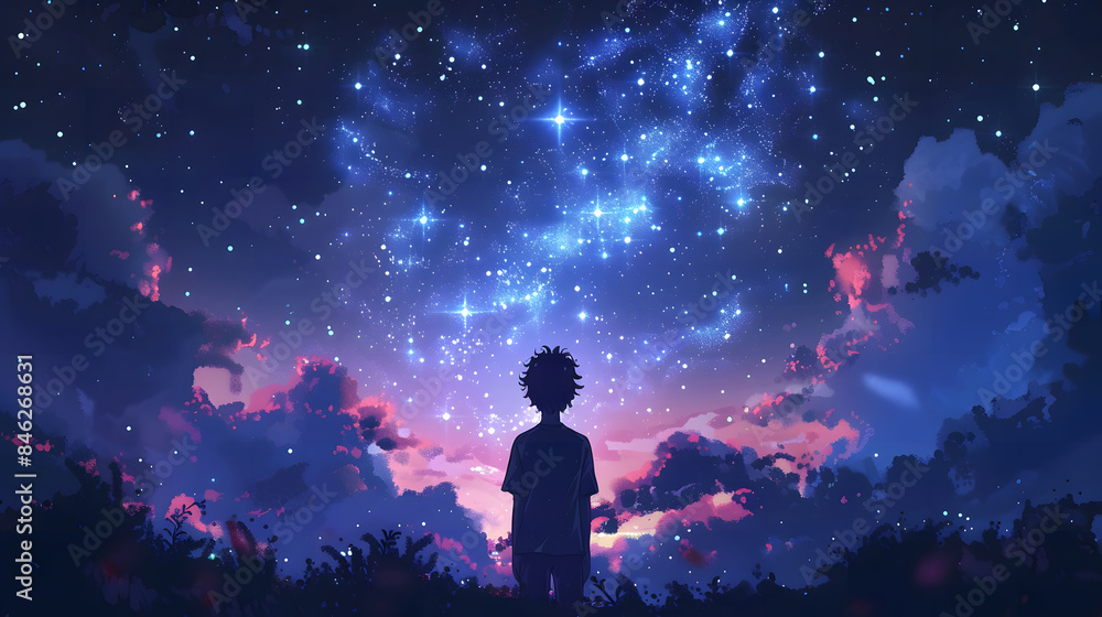 Illustration of a boy looking at night starry sky with glitter glow galaxy flicker above, idea for prayer of hope Illustration of a boy looking at night starry sky with glitter glow galaxy flicker above, idea for prayer of hope