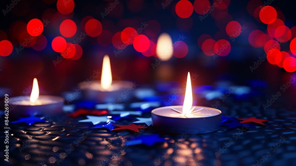 Veterans Day digital candlelight vigil with 3D-rendered flickering flames in patriotic hues. Veterans Day digital candlelight vigil with 3D-rendered flickering flames in patriotic hues.