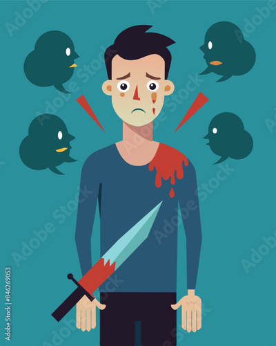 The victim felt as though he was being stabbed repeatedly as the attackers words were like verbal knives against his skin.. Vector illustration