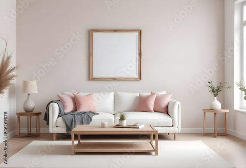 Interior living room with sofa and photo frame. 3D rendering