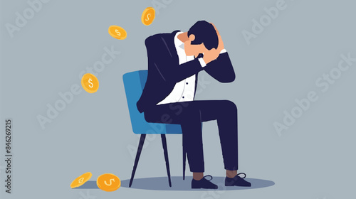 Regret on business mistake, frustration or depressed, stupidity or foolish losing all money, stressed and anxiety on failure concept, frustrated businessman holding his head sitting alone on the chair