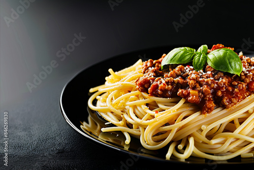 A plate of spaghetti with meat sauce and basil. photo