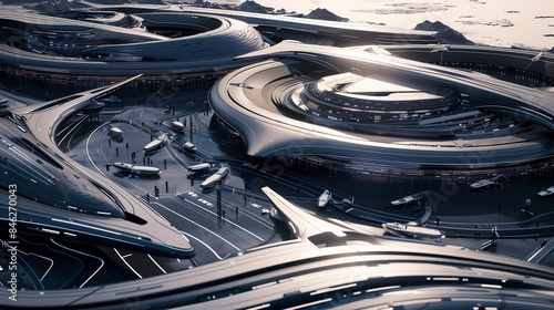 A futuristic 3D rendering of a spaceport facility, with sleek designs and sprawling structure. © MuhammadHassaan