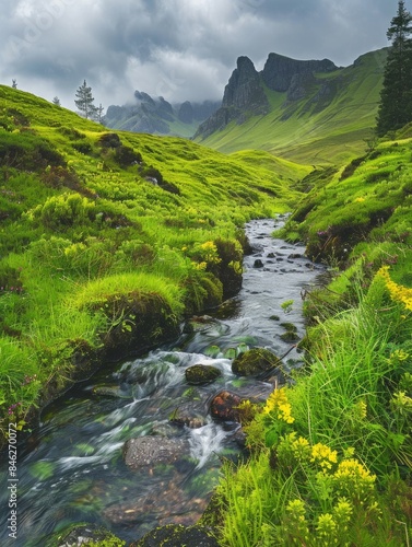 A stream flows through a lush green valley, with a few trees scattered around