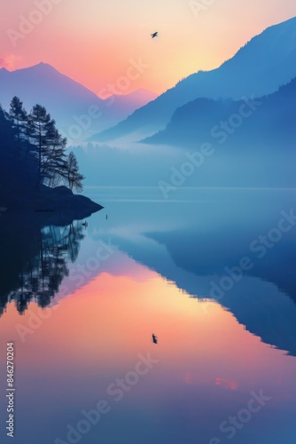 A beautiful mountain landscape with a lake and a bird flying over it