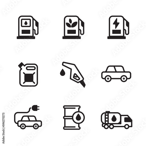 Set of gasoline and gas station icons with black color design on a white background