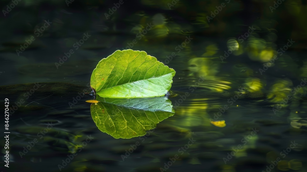 a lone green leaf, its perfect form mirrored in the still surface of a pond, capturing the essence of nature's tranquility a lone green leaf, its perfect form mirrored in the still surface of a pond, capturing the essence of nature's tranquility