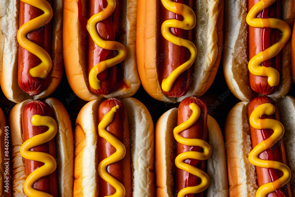 Close-up of hot dogs with mustard topping
