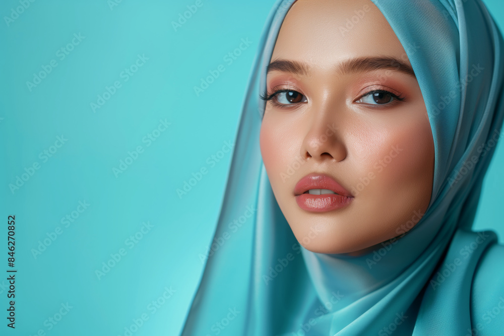Malay woman model in hijab with blue copy space