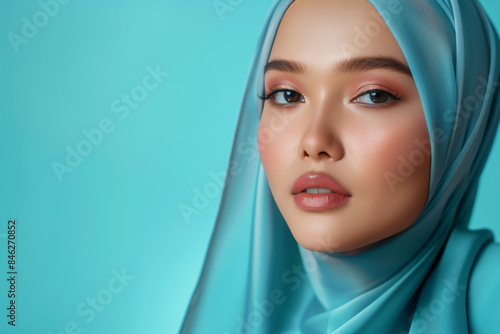 Obraz na płótnie Malay woman model in hijab with blue copy space w salonie