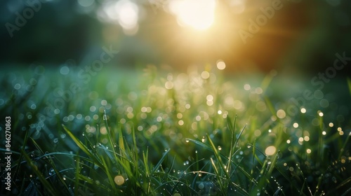 lush green grass meadow bathed in soft morning sunlight, with delicate dewdrops glistening on the blades of grass. photo