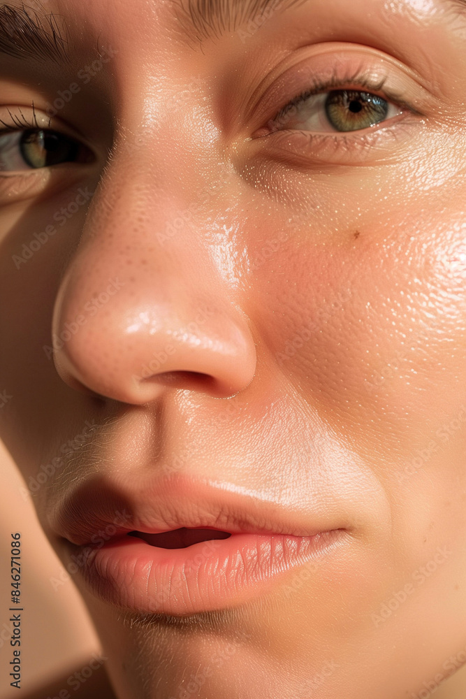 Fototapeta premium Detailed Close-Up of a Young Woman in Her 30s with Glowing, Healthy Skin, Without Makeup