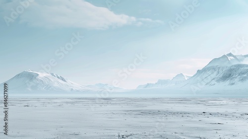 A minimalist wide-angle shot of a snow-covered plain, with distant mountains and a pale blue sky.