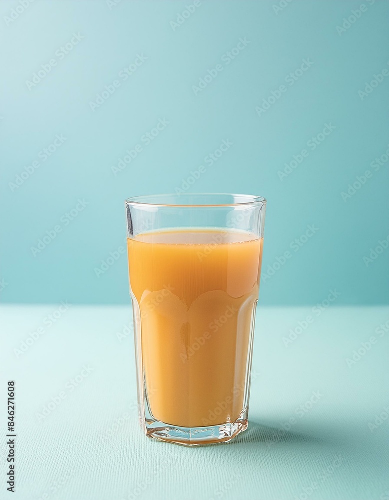 Orange juice in a transparent glass cup. Light blue background Orange juice in a transparent glass cup. Light blue background