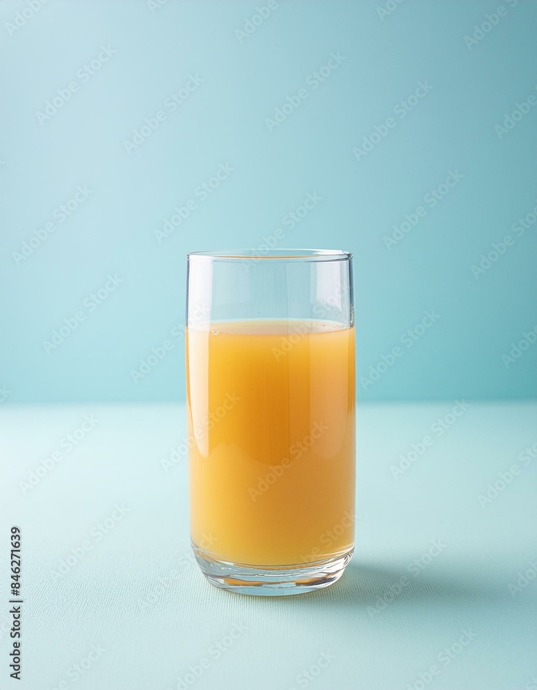 Orange juice in a transparent glass cup. Light blue background Orange juice in a transparent glass cup. Light blue background
