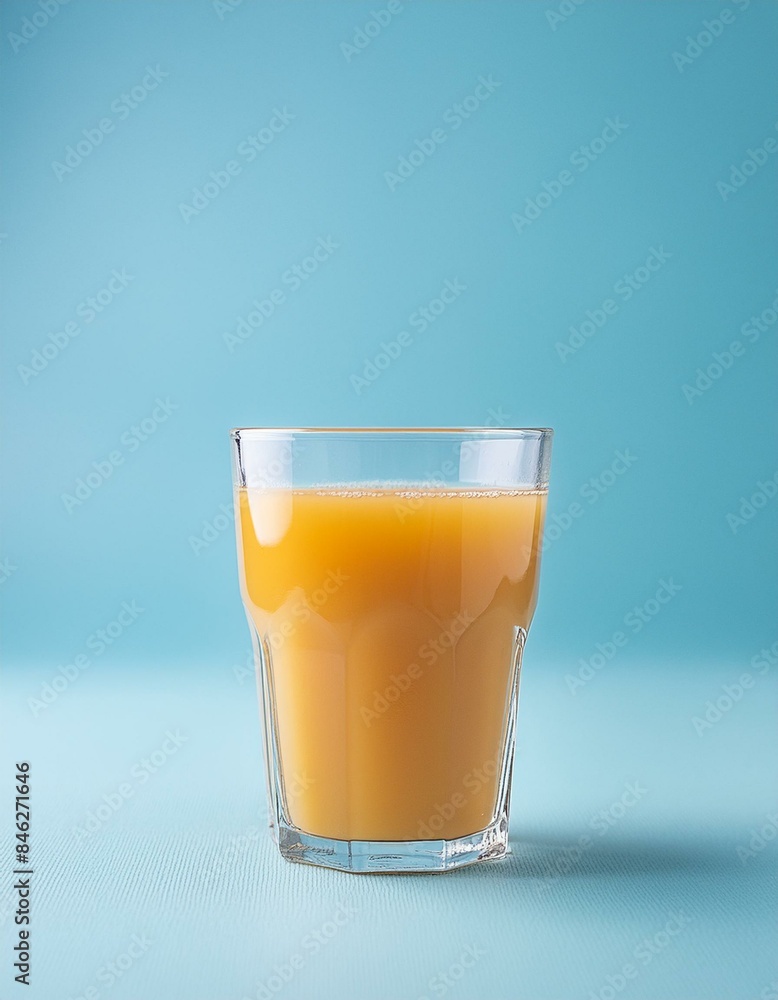 Orange juice in a transparent glass cup. Light blue background Orange juice in a transparent glass cup. Light blue background