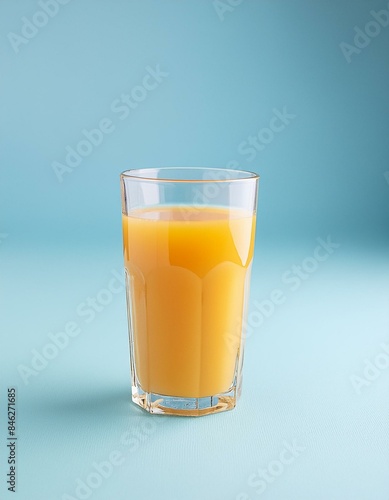 Orange juice in a transparent glass cup. Light blue background