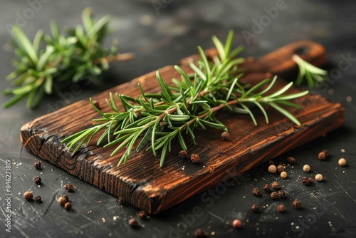 Aromatic Rosemary Sprigs with Wooden Cutting Board photo