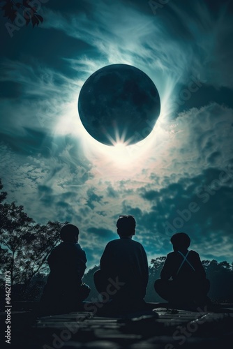 Three people are sitting on a ledge looking up at the moon