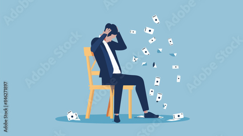 Regret on business mistake, frustration or depressed, stupidity or foolish losing all money, stressed and anxiety on failure concept, frustrated businessman holding his head sitting alone on the chair