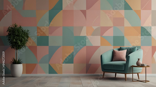 An abstract wallpaper with interlocking geometric shapes in a harmonious blend of pastel colors, evoking a sense of calm and modernity
 photo