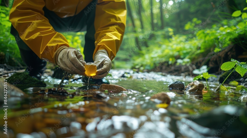 Scientist collecting eDNA samples in a forest stream Scientist collecting eDNA samples in a forest stream