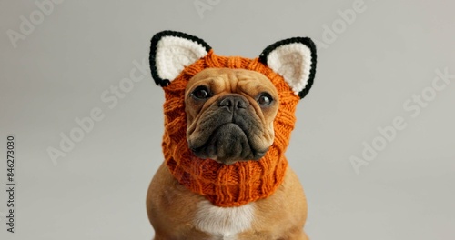 Photography Dog, hat and French Bulldog with winter snood in studio for cute, fashion or winter snood on grey background