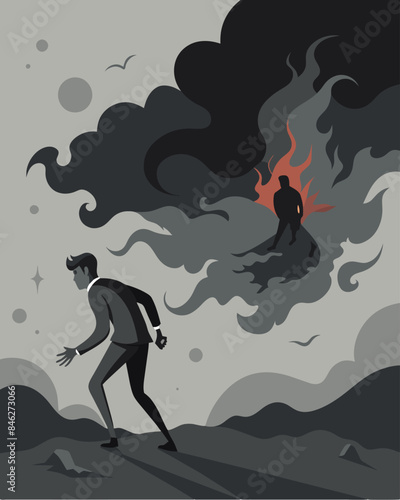 The fog is a relentless force constantly hindering the persons attempts to gain clarity and understanding.. Vector illustration