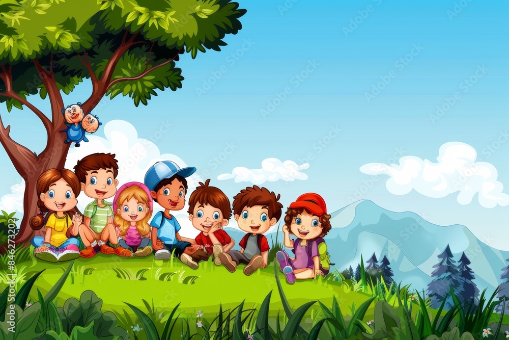 Children sitting on the grass in the forest illustration. Cartoon style. Children sitting on the grass in the forest illustration. Cartoon style.