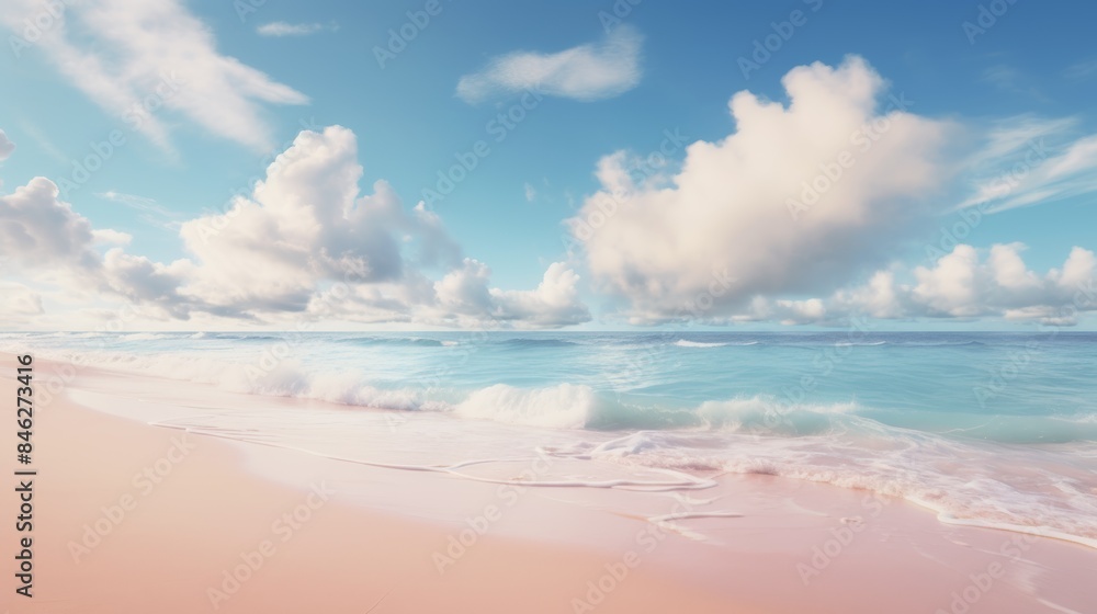 a pristine tropical beach captured in a dreamy, ethereal style, soft pastel hues blending seamlessly from the sandy shore to the gentle waves and the cotton candy clouds above. a pristine tropical beach captured in a dreamy, ethereal style, soft pastel hues blending seamlessly from the sandy shore to the gentle waves and the cotton candy clouds above.
