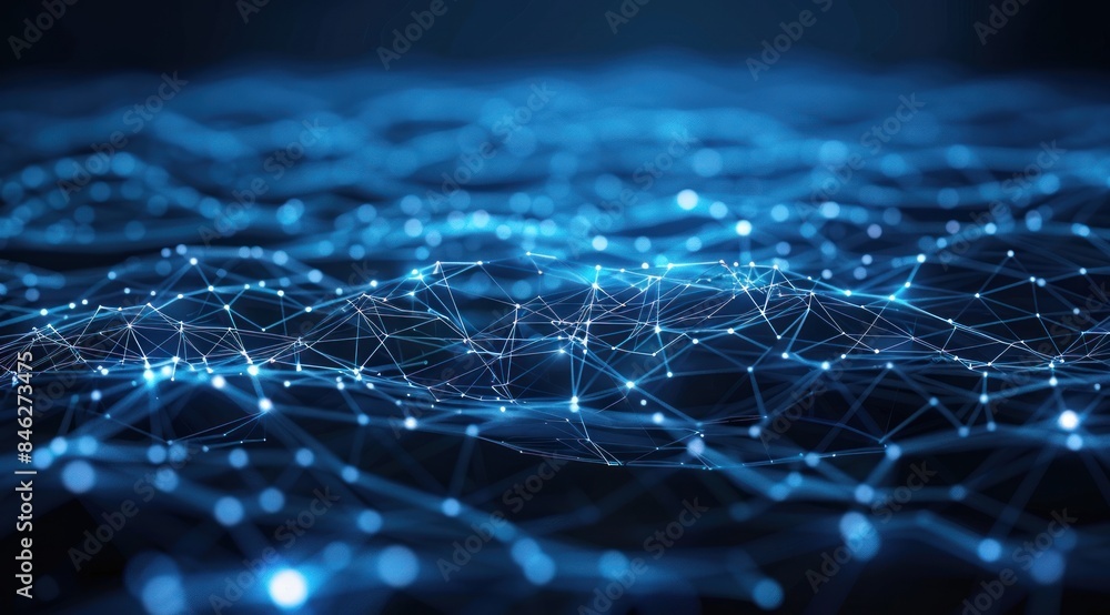 Abstract digital network landscape with interconnected blue nodes and lines. Futuristic technology and data visualization concept. Design for poster, wallpaper, and banner. Abstract digital network landscape with interconnected blue nodes and lines. Futuristic technology and data visualization concept. Design for poster, wallpaper, and banner.