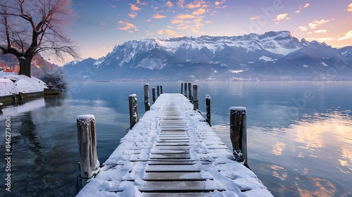 Fototapeta Naklejka Na Ścianę i Meble -  Wooden pier annecy lake winter alps mountains