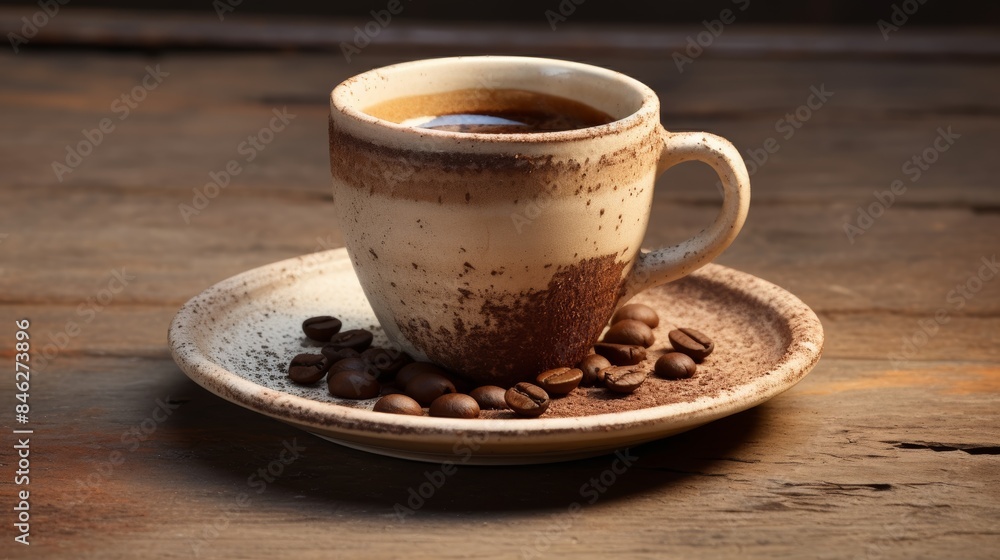 a rustic stoneware espresso cup, its earthy tones complementing the deep, intense espresso within, surrounded by a scattering of roasted coffee beans on a timeworn wooden table. a rustic stoneware espresso cup, its earthy tones complementing the deep, intense espresso within, surrounded by a scattering of roasted coffee beans on a timeworn wooden table.