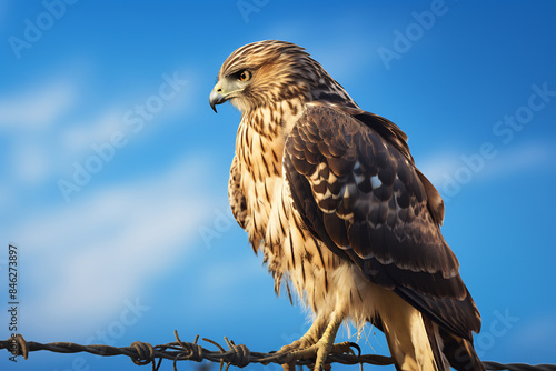 Hawk perched on a wire against a clear blue sky, showcasing its sharp gaze and majestic plumage, embodying strength and vigilance © AspctStyle